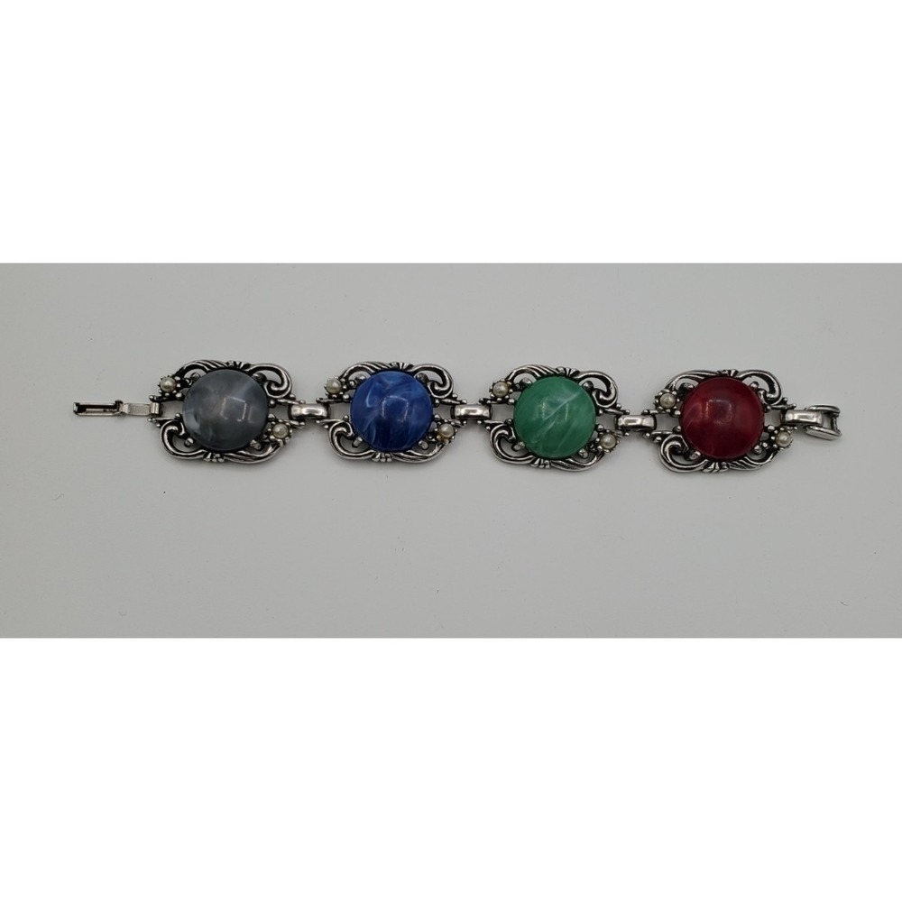 Vtg Silvertone Lucite Cabochon 7" Bracelet